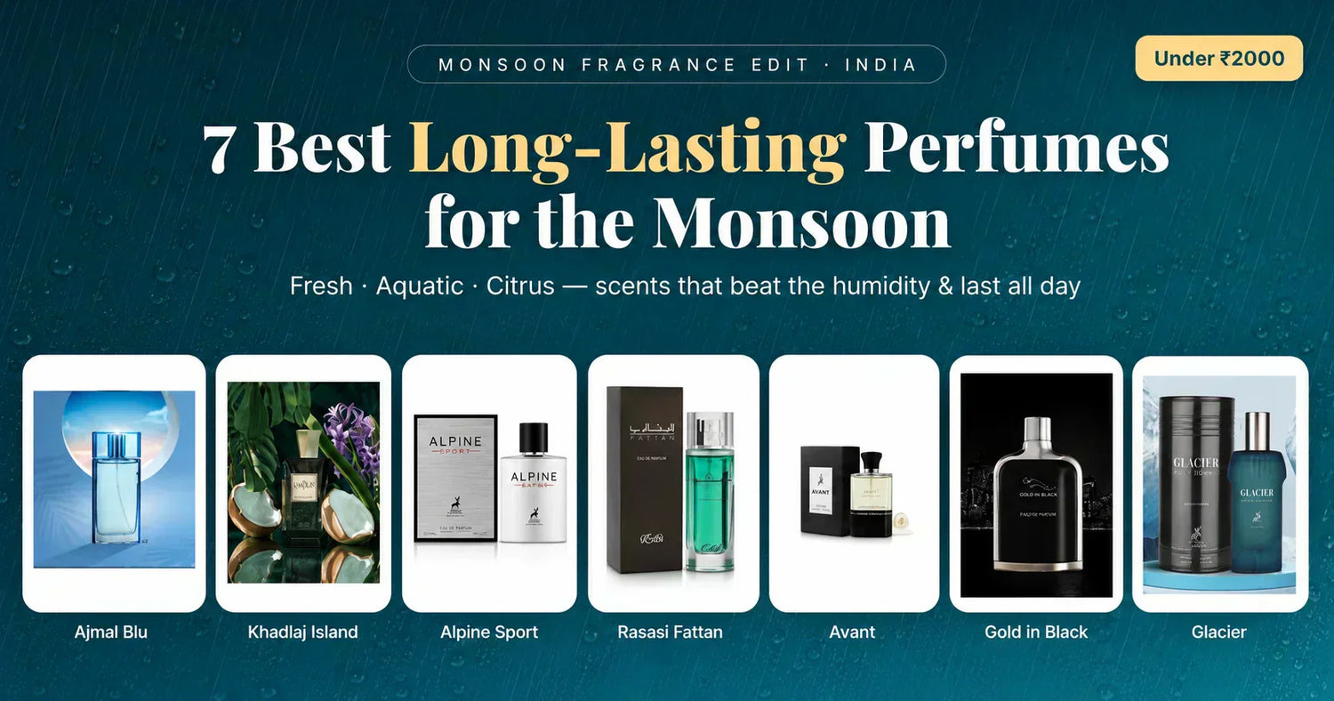 7 Best Long-Lasting Perfumes for the Monsoon Under ₹2000 – Monsoon Fragrance Edit India featuring Ajmal Blu, Khadlaj Island, Alpine Sport, Rasasi Fattan, Avant, Gold in Black, and Glacier