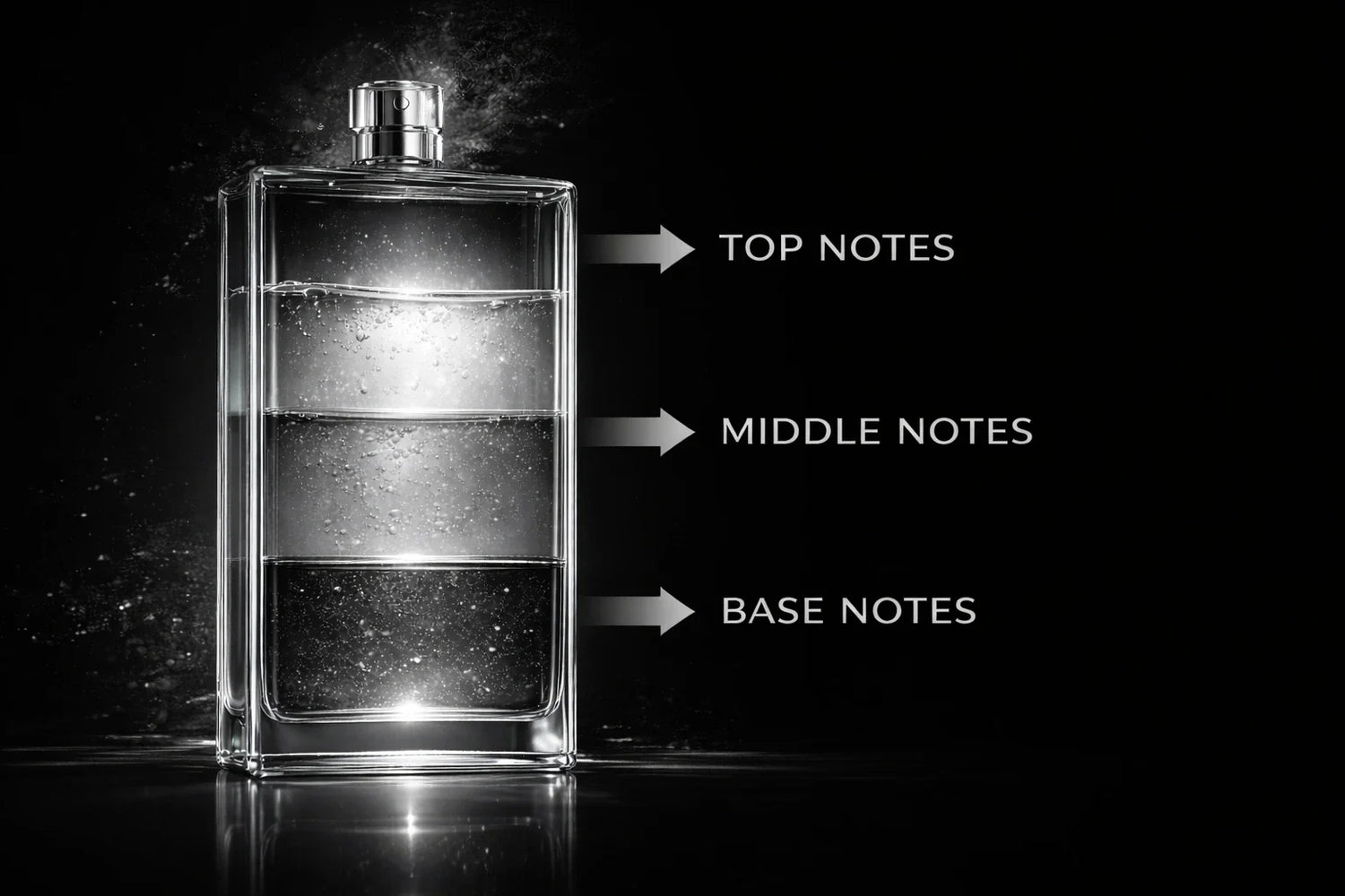Perfume bottle illustrating the three fragrance layers: top notes, middle notes, and base notes