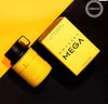 Eau de parfum spray bottle and box, yellow with black cap and logo label