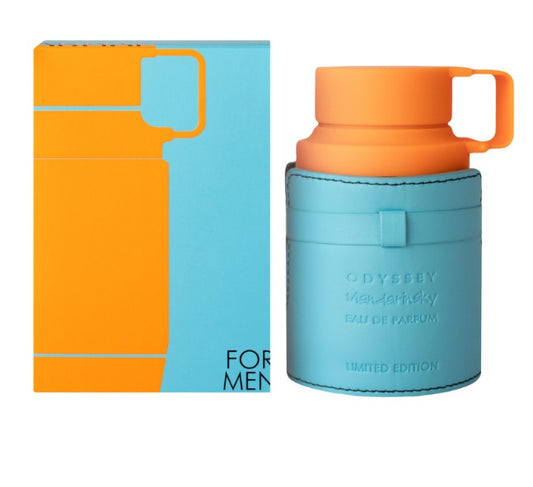 Limited edition eau de parfum bottle with orange cap and teal cylinder, boxed