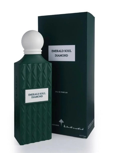 Dark green eau de parfum bottle with white cap, textured pattern, and gift box