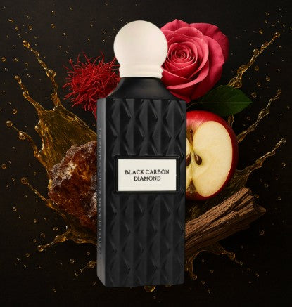 Black patterned eau de parfum bottle with white cap and Black Carbon Diamond label