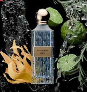 Blue eau de parfum bottle with gold-tone cap, faceted glass sides