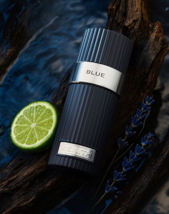 Blue Zenith eau de parfum bottle with ribbed cap and white ZENITH label