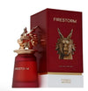 Firestorm eau de parfum bottle and box, red with gold emblem and French Avenue label