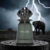 Thunder eau de parfum bottle with metallic lion head cap, frosted green glass