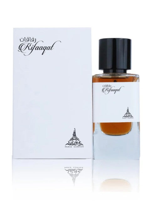 Eau de parfum bottle with black cap beside white box, amber liquid in view.