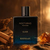 Nocturno Elixir extrait de parfum bottle with black cap and dark blue glass, 100 ml