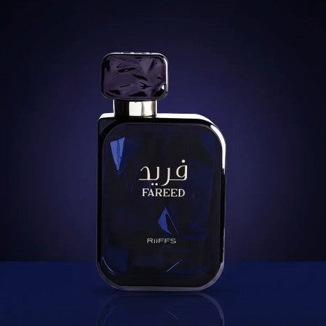 Riiffs Fareed Eau de Parfum bottle front view, dark blue glass with gold label