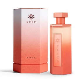 Reef Pesca eau de parfum bottle with matching box, orange cap and rectangular label