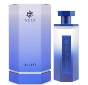 Eau de parfum bottle with blue cap, shown with matching blue box