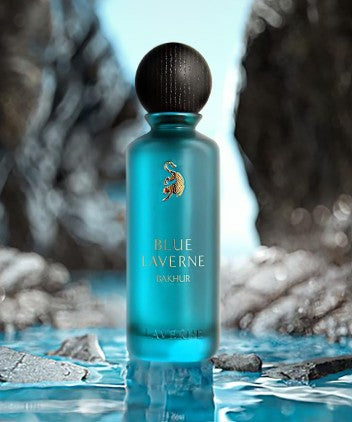 Blue Laverne Bakhur eau de parfum bottle with black cap, turquoise glass, gold emblem