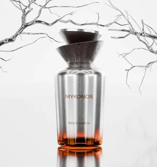 100ml perfume bottle with metallic silver glass and amber liquid, wide spray cap