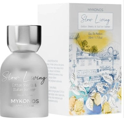 Extrait de Parfum bottle and retail box, Mykonos Slow Living, 50 ml, silver cap