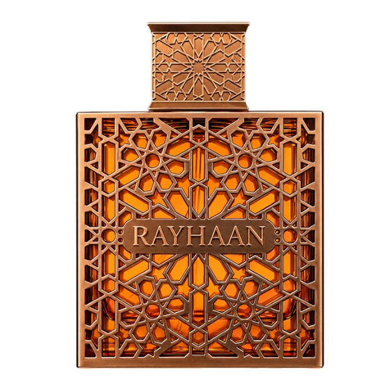 Rayhaan Vantage EDP bottle with amber glass and gold geometric cutout pattern