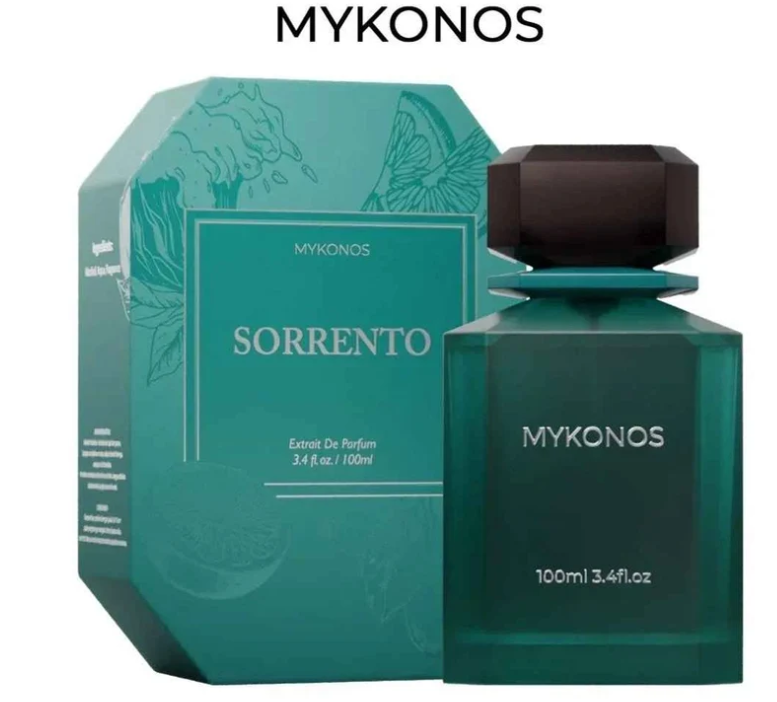 Mykonos Sorrento perfume set with teal bottle and box, MYKONOS branding