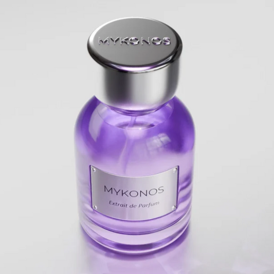 Mykonos Reflection Elixir extrait de parfum bottle with domed silver cap and purple glass