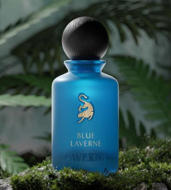 Blue eau de parfum bottle with dark cap and blue glass, gold crest and centered text