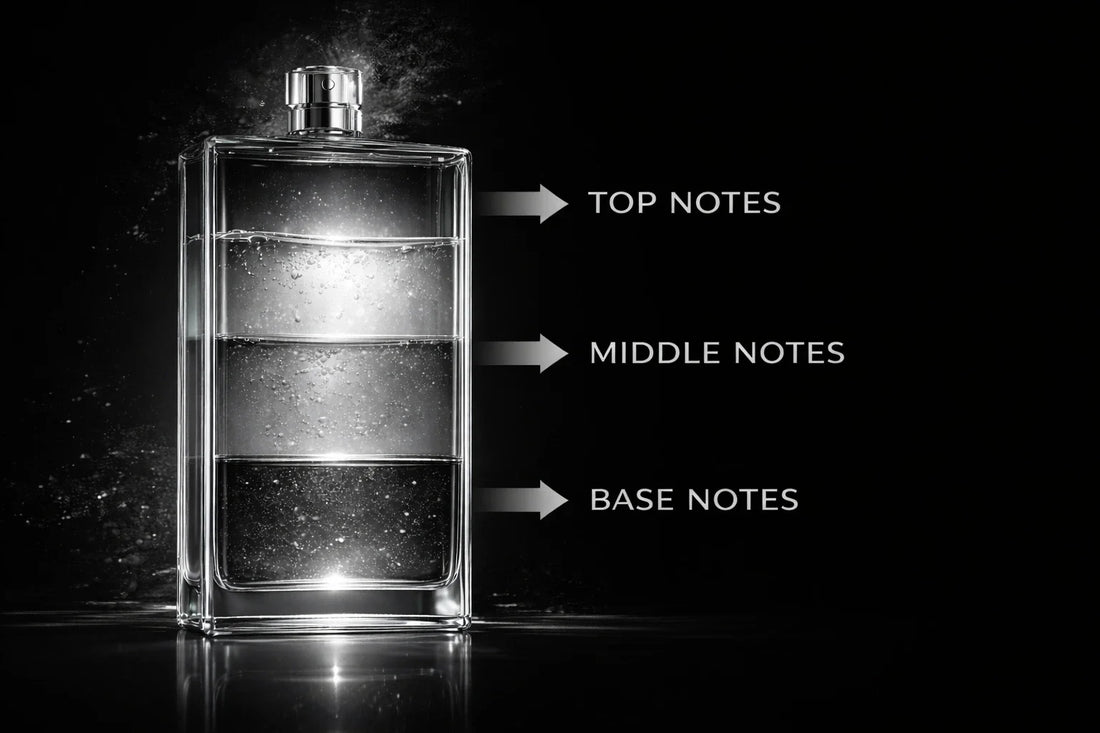 Perfume bottle illustrating the three fragrance layers: top notes, middle notes, and base notes
