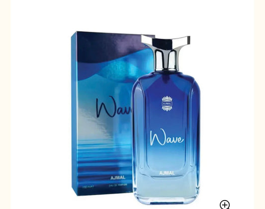 Ajmal Wave Eau de Parfum spray bottle, blue glass with pump and Wave label