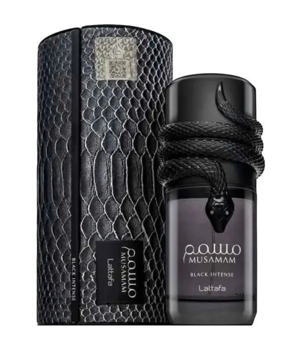 Black EDP perfume bottle with textured presentation box