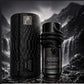 Black EDP perfume bottle with textured sleeve, black rope tie detail