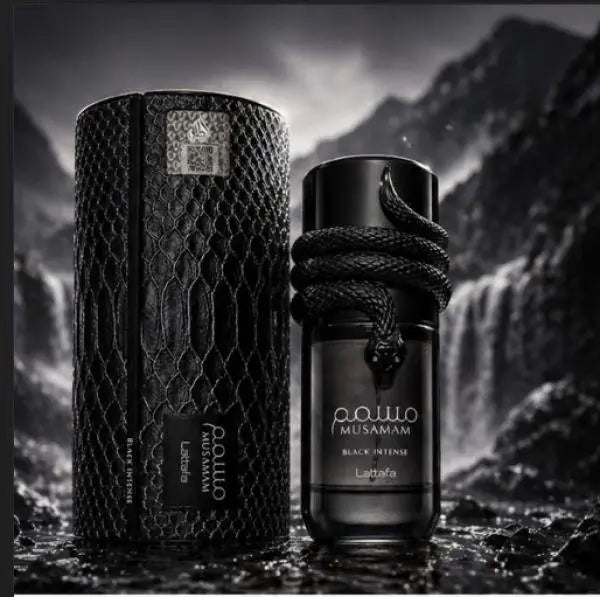 Black EDP perfume bottle with textured sleeve, black rope tie detail