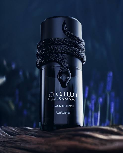 Black EDP perfume bottle with coiled rope around neck and label, Lattafa