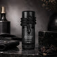 Black EDP perfume bottle on countertop, coiled rope neck detail and Lattafa label