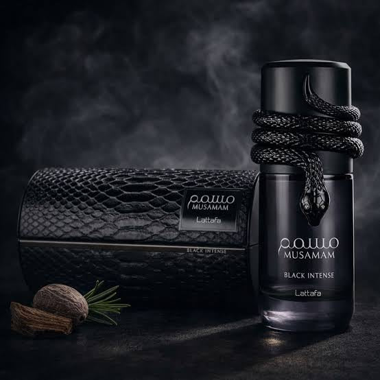 Black EDP perfume bottle with textured box and coiled rope neck, Lattafa