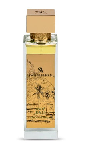 Swiss Arabian Soul of Bali Eau de Parfum bottle with gold cap and palm motif label