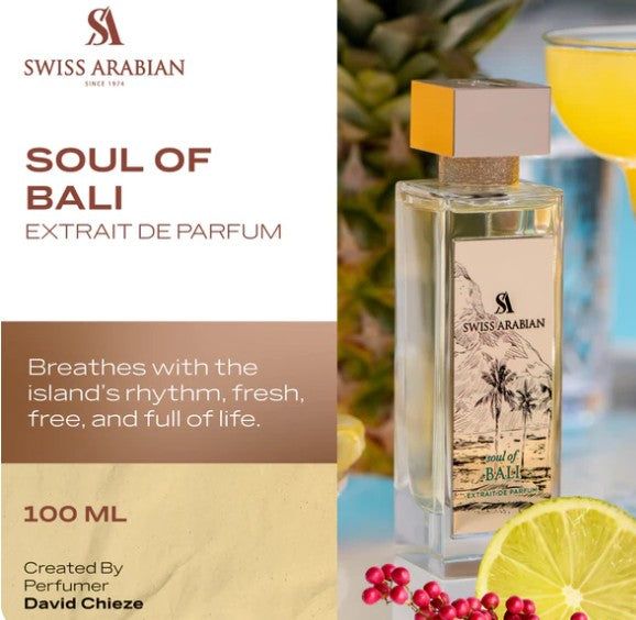 Soul of Bali Eau de Parfum 100 ml box and bottle, gold cap, tropical palm label