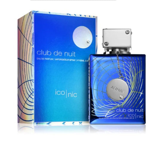 Blue eau de parfum bottle with atomizer sprayer and matching product box