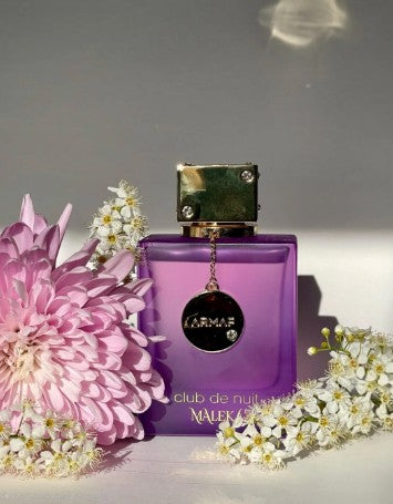 Purple perfume bottle with gold cap and hanging round charm, 105 ml eau de parfum