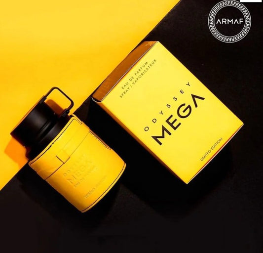 Eau de parfum spray bottle and box, yellow with black cap and logo label