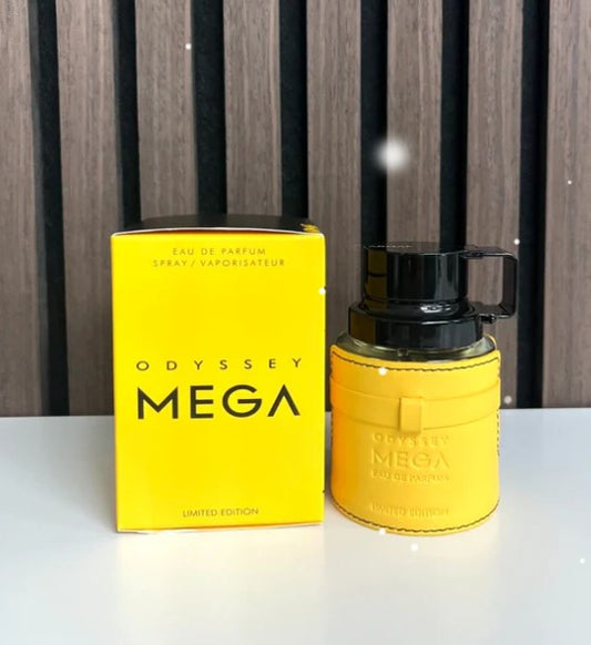 Armaf Odyssey Mega eau de parfum spray, yellow box and bottle with black cap