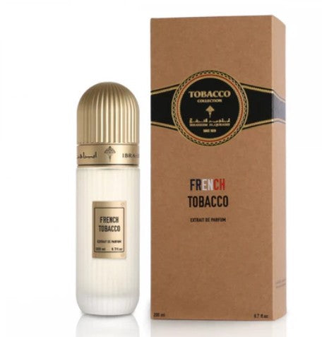 French Tobacco extrait de parfum bottle with ribbed gold cap and matching box