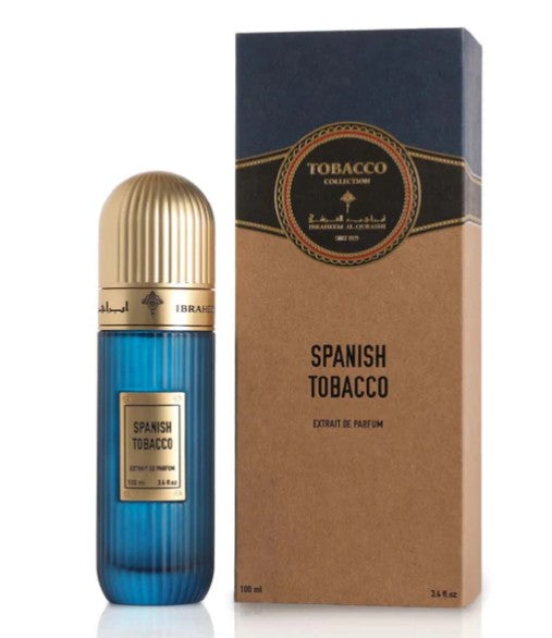 Perfume bottle with blue glass body and gold ribbed cap, with matching product box