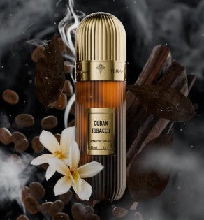 Perfume bottle with ribbed gold cap, brown glass with tobacco leaf and white flower