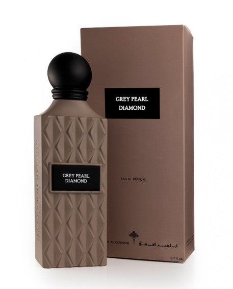 Eau de parfum bottle with faceted pattern, shown with brown product box