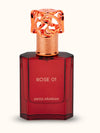 Swiss Arabian Rose 01 extrait de parfum bottle, dark red glass and rose-gold ornate cap