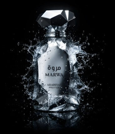 Arabiyat Prestige Marwa EDP bottle with faceted cap, clear glass, Arabic label