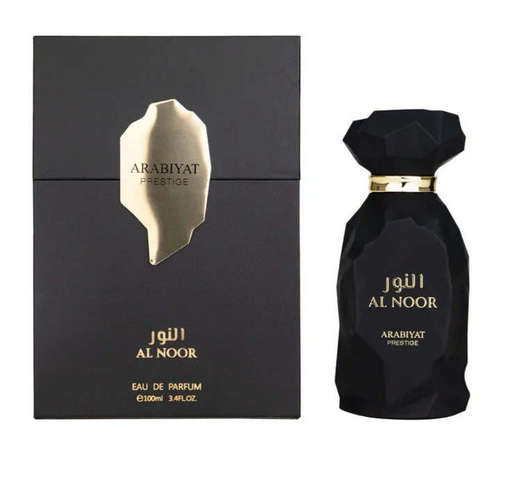 Arabiyat Prestige Al Noor eau de parfum set with box and black faceted bottle, gold cap