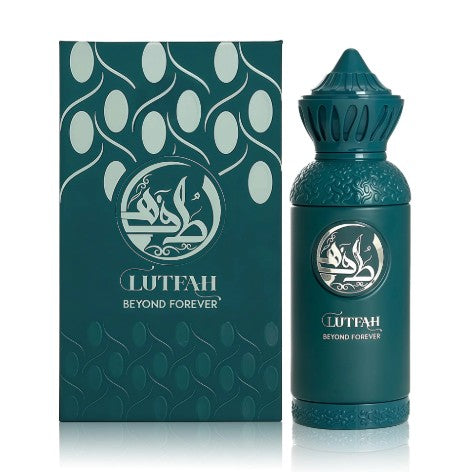 Teal fragrance box and bottle set for Lutfah Beyond Forever, ornate crown cap