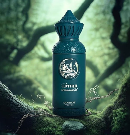 Teal Lutfah Beyond Forever eau de parfum bottle with ornate cap, 80 ml