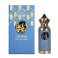 Blue box and blue-and-gold eau de parfum bottle with ornate cap
