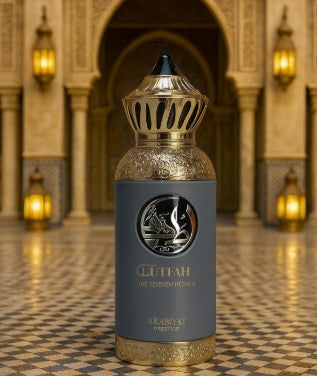 Blue and gold eau de parfum bottle with ornate cap and decorative label