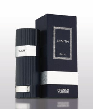 Blue Zenith eau de parfum bottle with black cap and framed white label