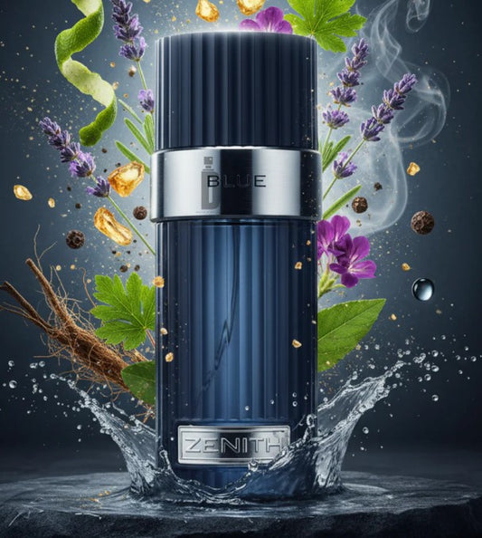 Zenith Blue eau de parfum bottle with ribbed blue cap and white label