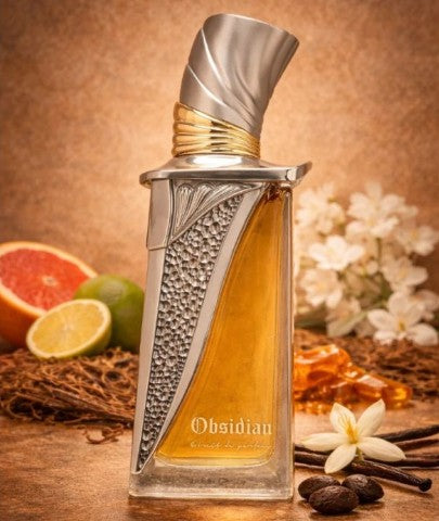 Perfume bottle with metallic cap and silver textured strip, amber liquid in view.